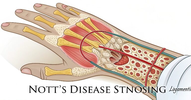 Create a detailed medical illustration of Nott's disease (stenosing ligamentitis). Depict a human hand with a close-up view of the affected finger, showing how the flexor tendon gets stuck in the narrowed ligament. Include a cross-sectional view of the finger to highlight the inflamed ligament and tendon interaction. Use clear, labeled diagrams to explain the condition, accompanied by realistic colors for skin, ligaments, and tendons. The overall style should be professional and educational, suitable for medical presentations or textbooks